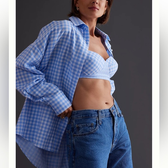 Favorite Daughter Gingham Ex-Boyfriend Oversized Button Down Medium Blue White - Picture 3 of 11